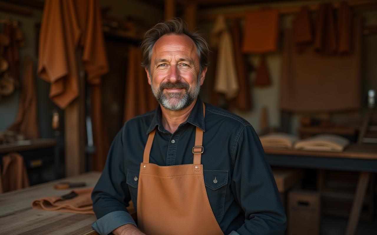 William J Magon, leather artisan, in his rustic workshop looking thoughtfully towards the viewer.