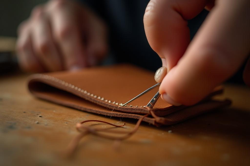 Close-up of hands working on a leather piece on a workbench, showing stitching detail.