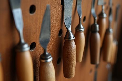Neatly organized leathercraft tools hanging on a workshop wall.