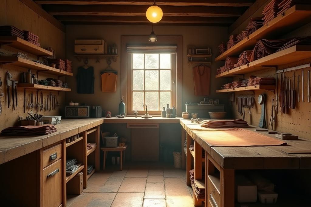 Wide shot of William J Magon's organized leather workshop with tools and materials.