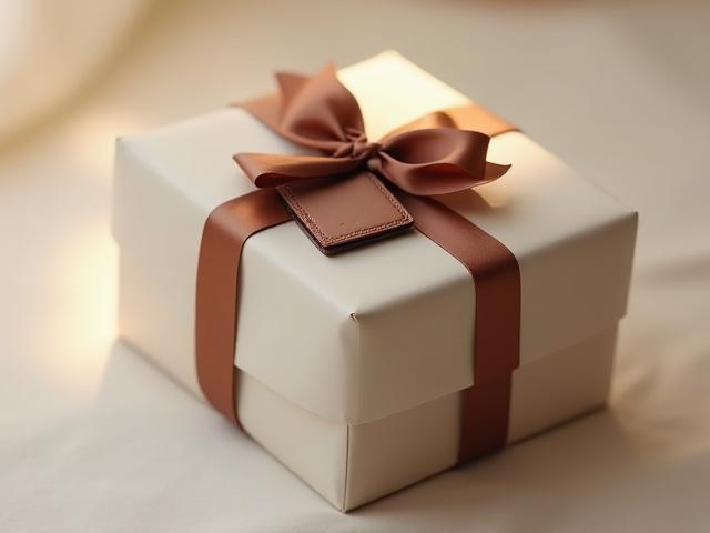 Beautifully wrapped gift box containing a personalized leather item, tied with a ribbon.