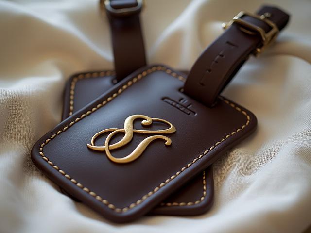 Set of personalized leather luggage tags, embossed with initials, laid on a rustic wooden surface.