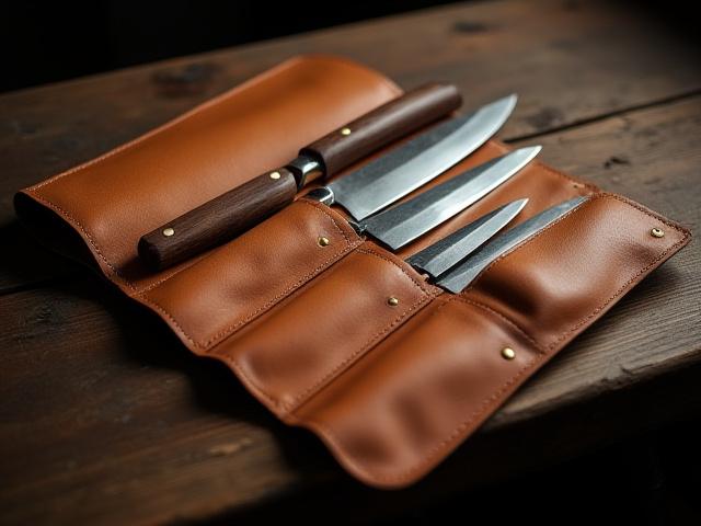 Custom leather tool roll for a chef's knives, showcasing individual slots for various utensils.