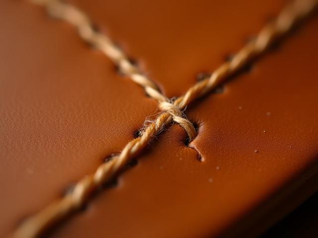 Macro shot of a visible hand saddle-stitch seam on leather, showing strong, even thread work.
