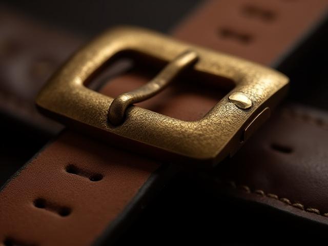 Close-up of polished solid brass hardware buckle on a leather strap.