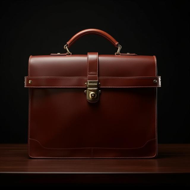 Classic leather briefcase, structured with multiple compartments and a secure buckle closure.