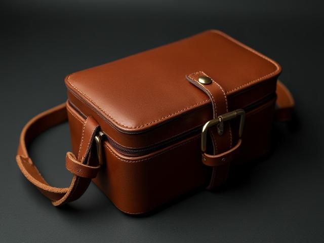 Compact leather camera bag, with padded interior and sturdy strap, designed for photographers.