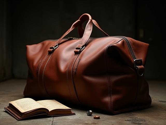 Rugged leather duffel bag, large capacity with robust stitching and handles, ideal for travel.