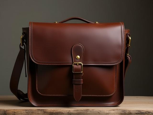 Hand-stitched leather messenger bag with solid brass hardware, rich brown vegetable-tanned leather.