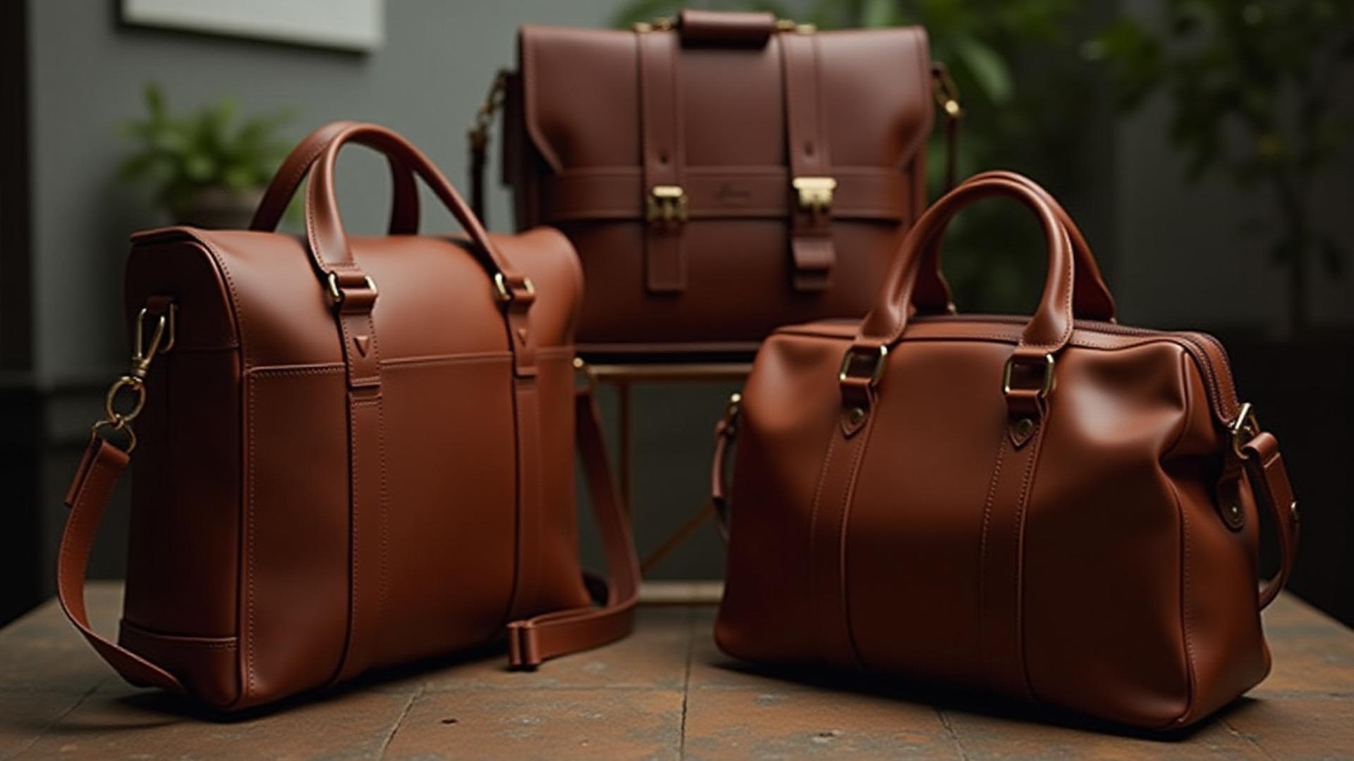 A collection of diverse, custom-made leather bags, including messenger bags, totes, and briefcases, displayed in a rustic yet elegant setting.
