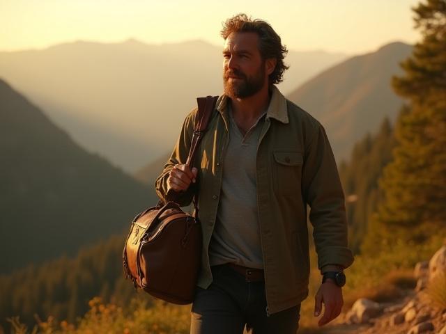 Alex G., an adventurer, standing with his custom William J Magon leather travel bag in a scenic outdoor location.