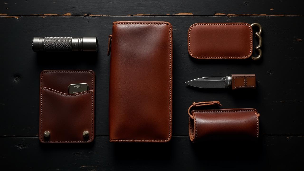 A stylized flat lay of minimalist everyday carry leather items, including a wallet, key organizer, and pocket slip, arranged next to a high-quality pocket knife and tactical flashlight on a dark, rustic wooden surface. Emphasizes dark, moody tones and functional design.