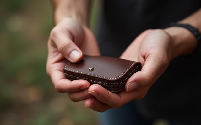 A close-up shot of a leather key organizer held in a hand, showing the ergonomic design and how keys are neatly enclosed within the leather sleeve, preventing wear and tear.