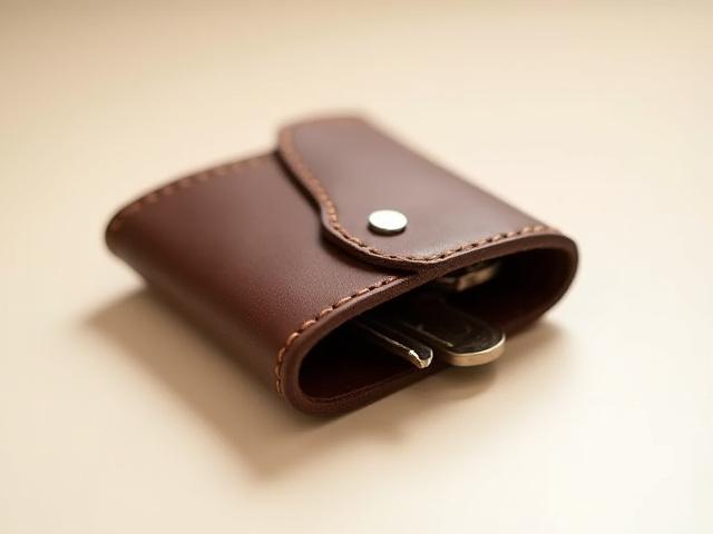 Leather key organizer, designed to hold multiple keys securely and prevent jingling. The organizer is closed, showcasing its compact form and the rich texture of the leather.