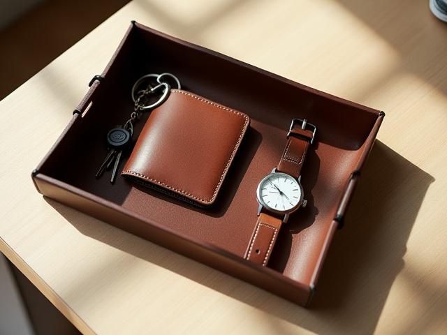 Leather valet tray on a wooden nightstand, artfully arranged with a wallet, keys, and a watch. The tray's craftsmanship and utility for organizing everyday items are highlighted.