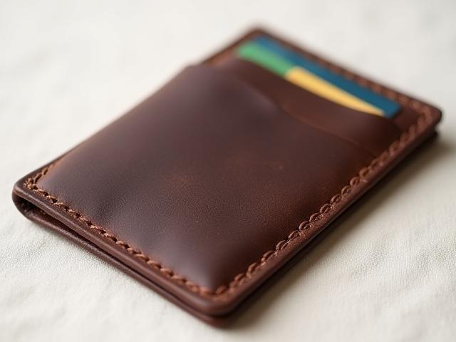 Ultra-slim front pocket leather wallet, shown with a minimalist design, holding a few cards. The rich patina of vegetable-tanned leather is visible, highlighting hand-stitching details.