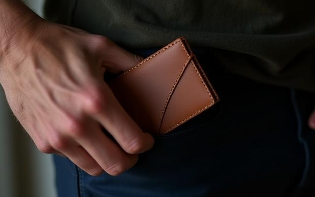 A hand subtly pulling an ultra-slim leather wallet from a front pants pocket, demonstrating its compact design and ease of access. Focus on the rich texture of the leather.