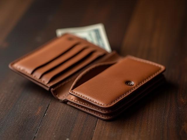 Classic brown leather bifold wallet with cards and cash