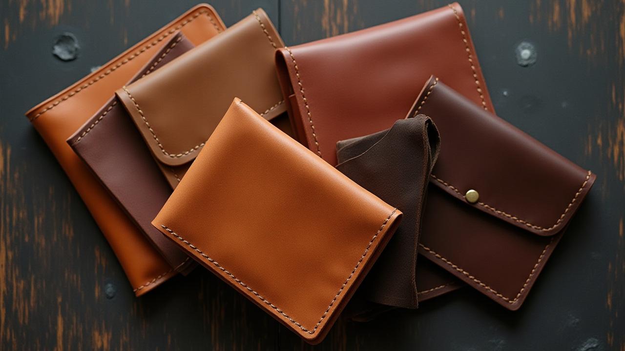 A collection of minimalist handmade leather wallets artfully arranged on a rustic wooden surface