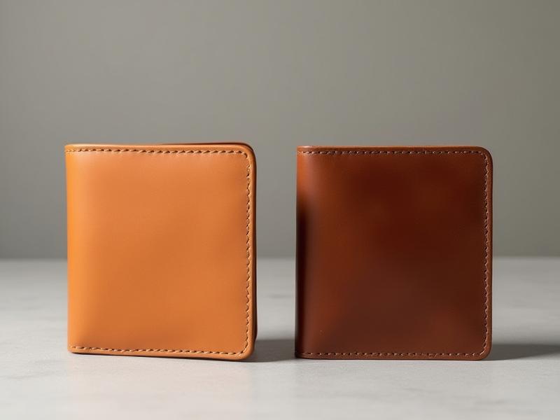 Side-by-side comparison: a new, light tan vegetable-tanned leather wallet next to an identical, aged wallet with a deep, rich brown patina