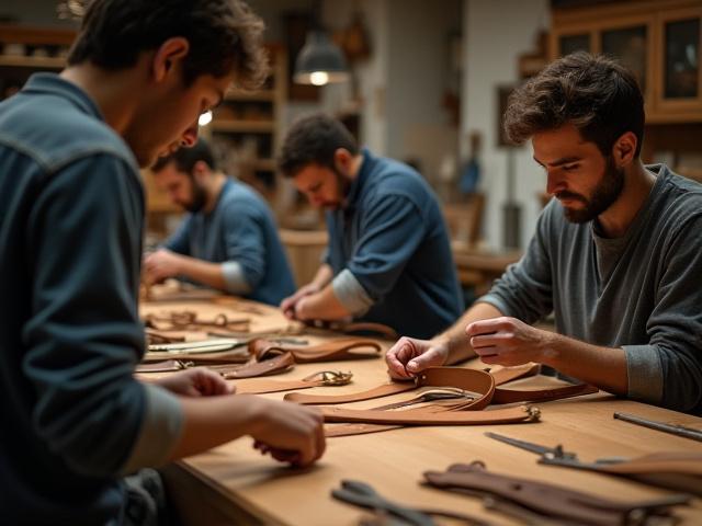 Several students working diligently on their custom leather belts, with tools and leather pieces spread across a workbench.