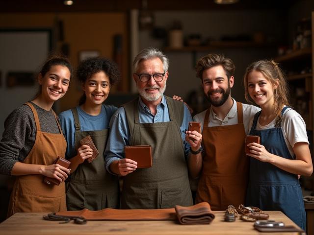 A small group of smiling students and William J Magon posing with their finished leather projects at the end of a workshop.