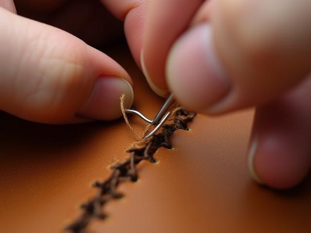 Macro shot of hands saddle stitching a piece of leather, showing thread and needle with precise technique.