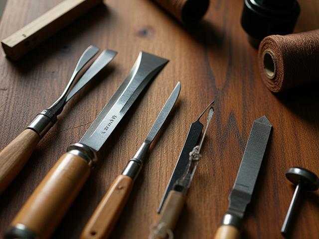 A close-up shot of various leatherworking tools neatly arranged on a workbench, ready for use.