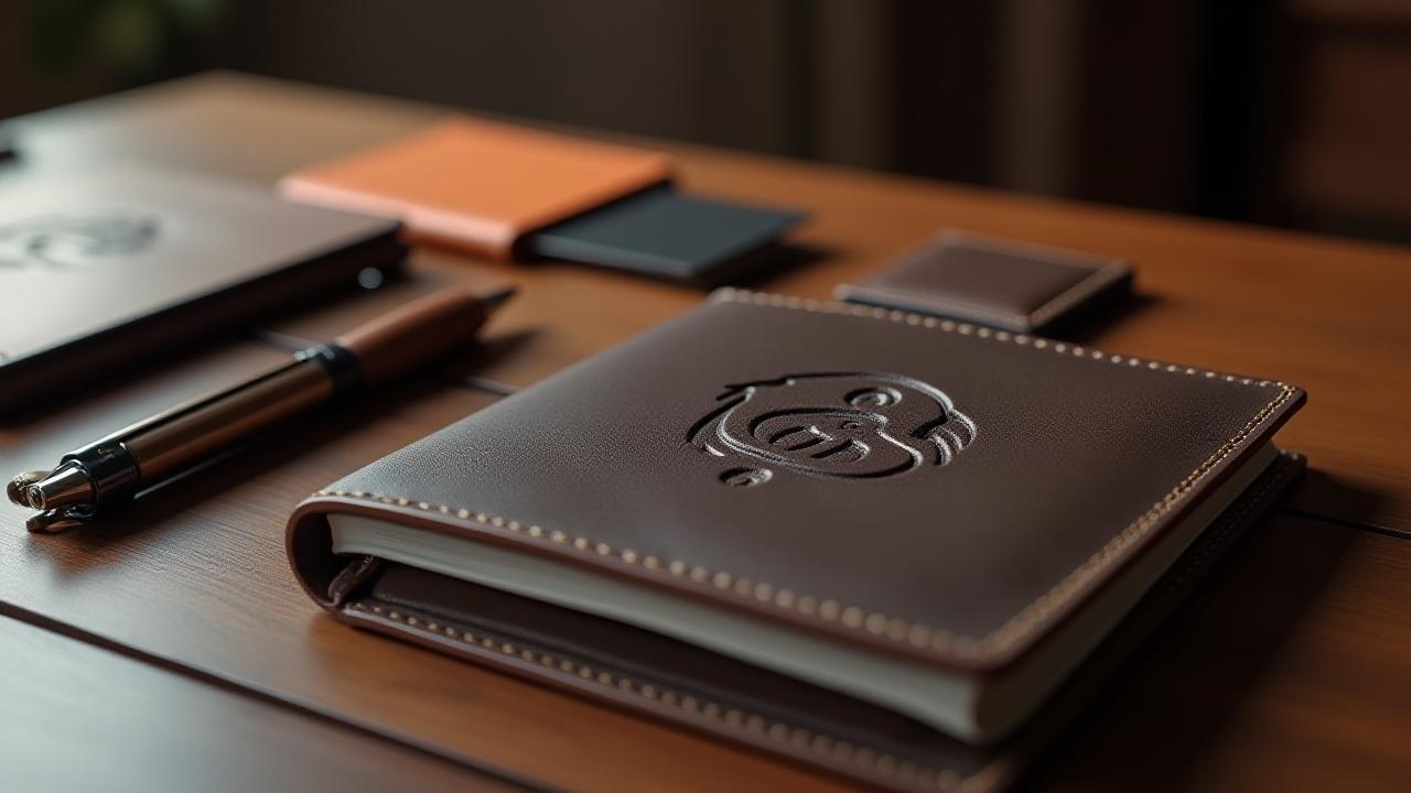 Collection of custom branded leather goods arranged artfully on a desk