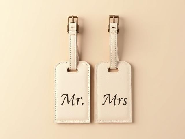 Matching set of two white leather luggage tags, one stamped 'Mr.' and the other 'Mrs.'