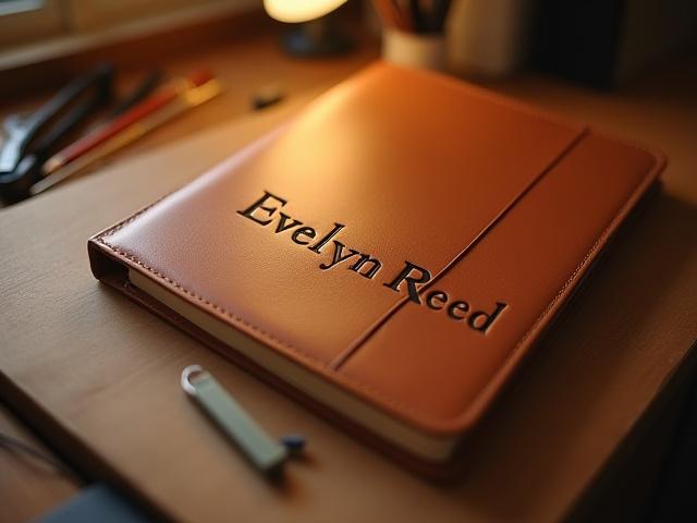 Handmade leather sketchbook cover debossed with the full name 'Evelyn Reed'