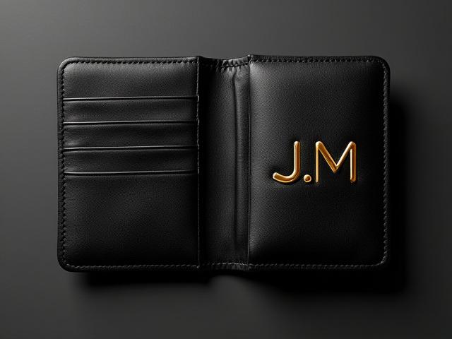 Black leather wallet with elegant gold foil initials 'J.M.'