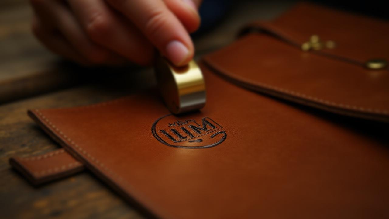 Close-up of an artisan hand-stamping initials into vegetable-tanned leather