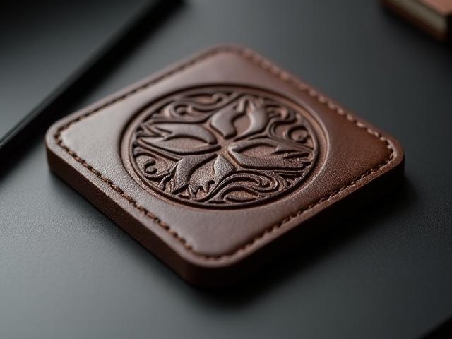Company logo debossed onto a dark leather coaster