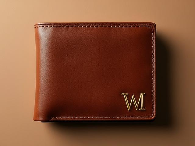 Close-up of a perfectly debossed monogram 'WM' on a brown leather wallet