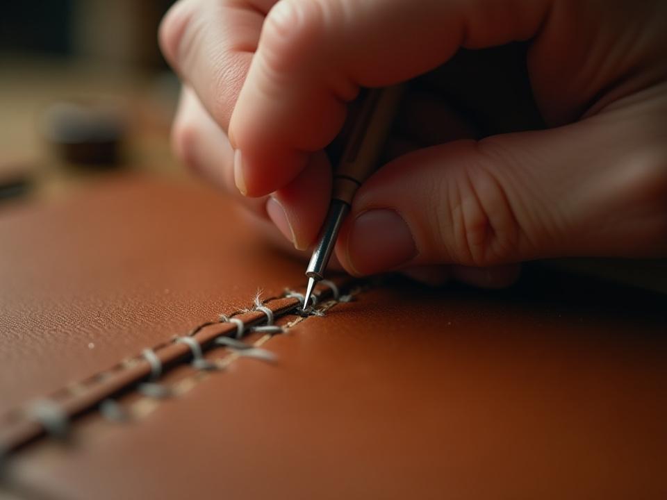 Close-up of artisan hand-stitching the leather for The Aviator's Map Case