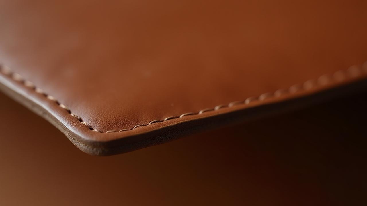 Close-up of a smooth, glossy, hand-burnished leather edge