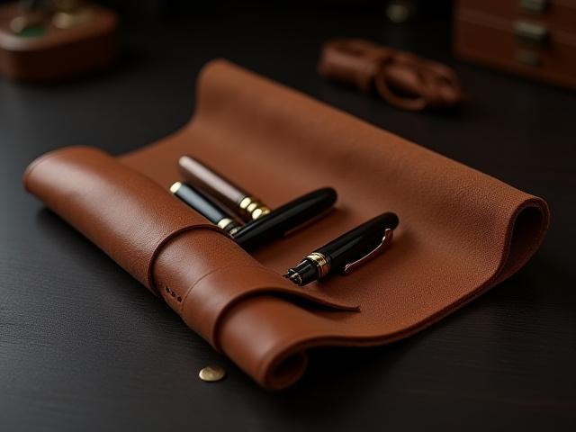 Leather Pen Roll, handcrafted for three fountain pens