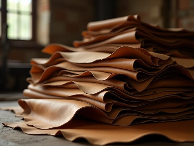 Stack of raw full-grain leather hides, ready for tanning