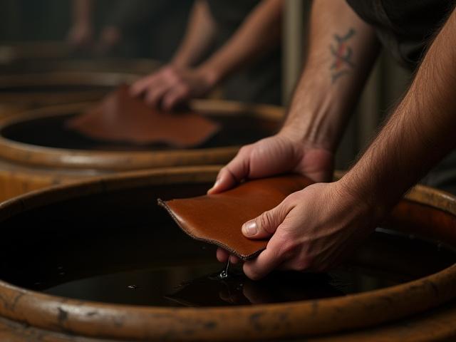 Artisan checking the progress of leather hides in a tanning vat, focused expression