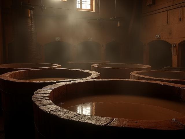 Large wooden vats filled with tanning solution derived from tree bark